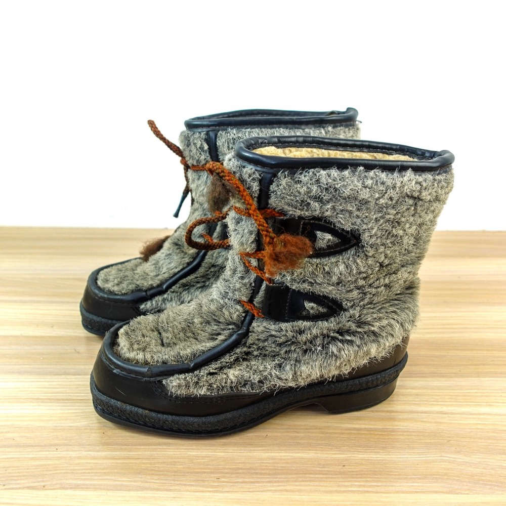Vintage Apres Ski Sherpa Snow Boots Womens 4 Black Faux Fur Winter QUODDY‎ USA